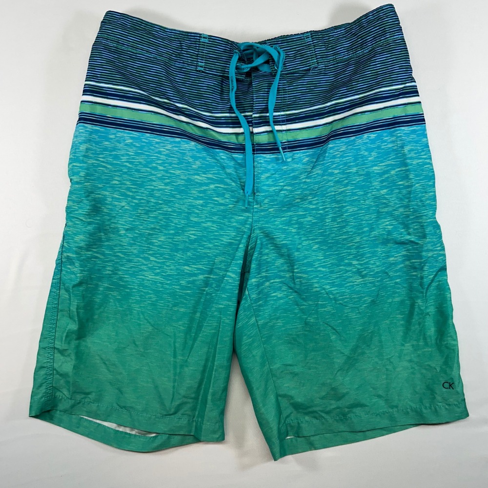 Calvin Klein Mens Teal Blue Gradient Striped Board Shorts Swim Trunks Medium